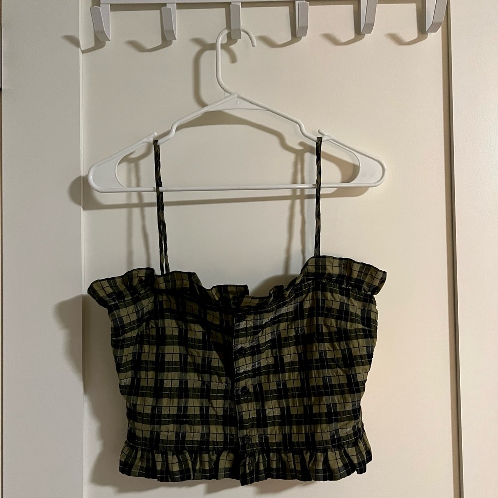 GANNI seersucker check top - aloe